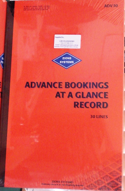 Zions ADV30 Advance Bookings At A Glance Record Book 30 line